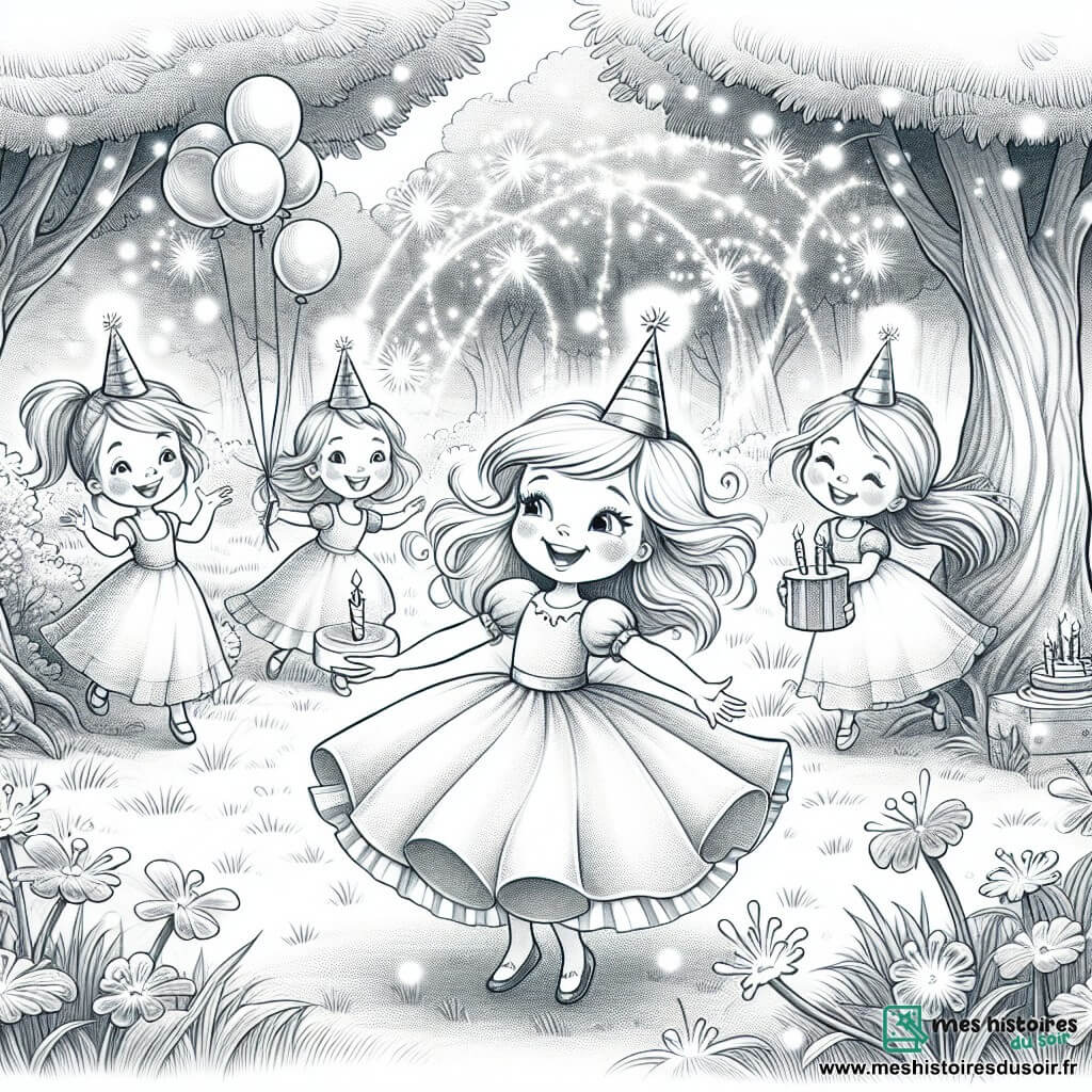 Une illustration destinée aux enfants représentant une fillette joyeuse fêtant son anniversaire avec ses amis lors d'une chasse au trésor palpitante dans un parc enchanté de Féerilande, où l'herbe scintille de paillettes et les arbres dansent au rythme de la magie.