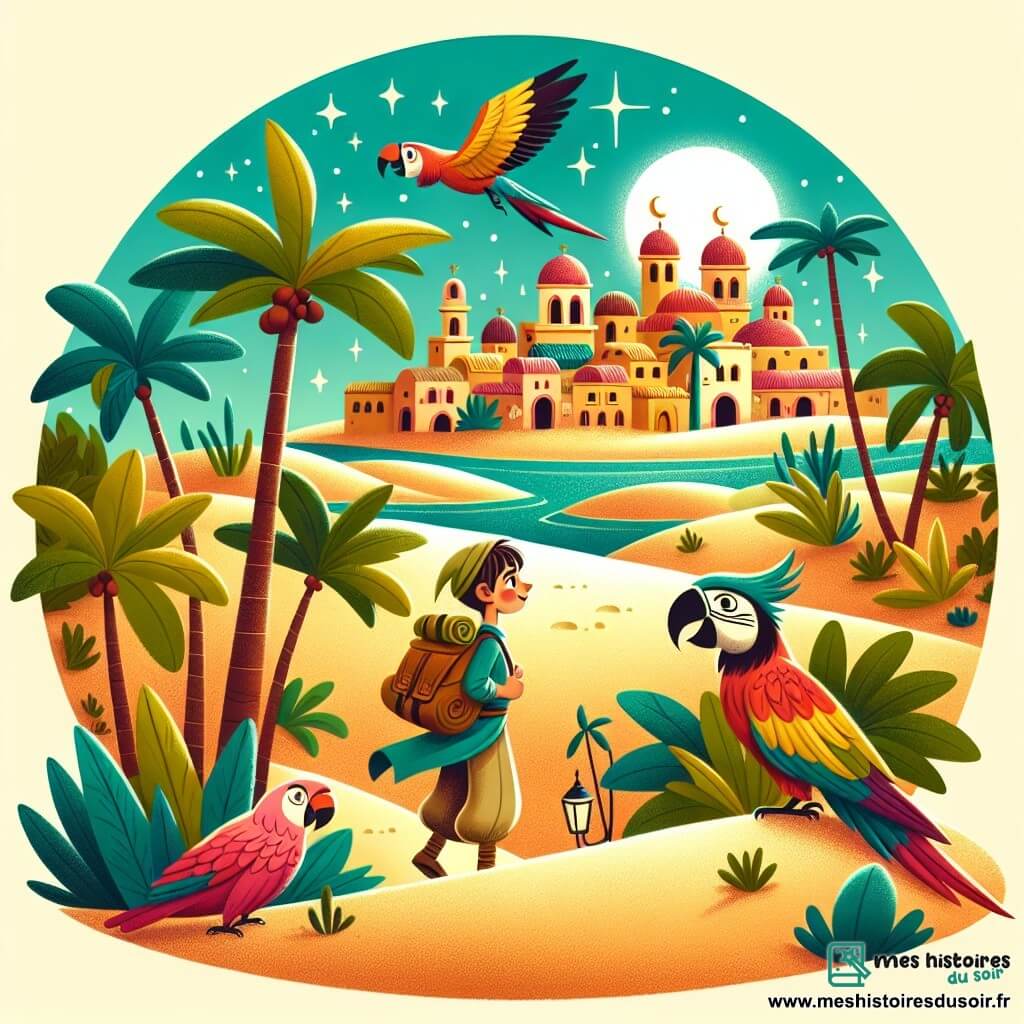 Une illustration destinée aux enfants représentant un jeune garçon intrépide partant à l'aventure avec ses fidèles amis et un perroquet coloré, dans un village entouré de dunes de sable scintillantes et de palmiers majestueux.