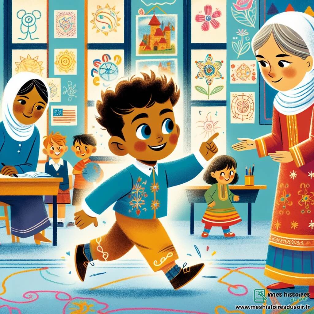 Une illustration destinée aux enfants représentant un petit garçon énergique se confrontant au racisme dans sa nouvelle école multiculturelle, avec l'aide d'une maman douce et sage, dans une salle de classe lumineuse et colorée ornée de dessins d'enfants du monde entier.