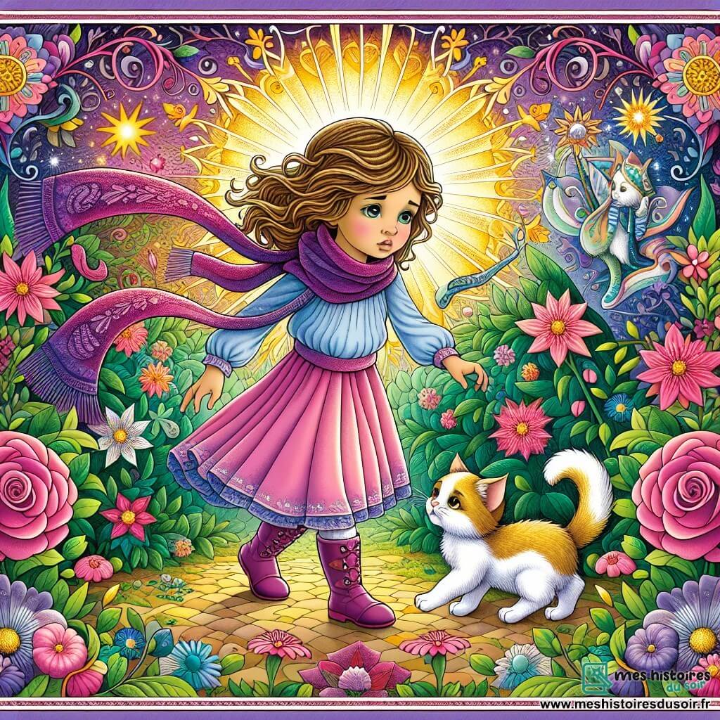 Une illustration destinée aux enfants représentant une fillette courageuse faisant face à une maladie, accompagnée de son fidèle chaton, dans un jardin enchanté aux couleurs vives et aux fleurs chatoyantes.