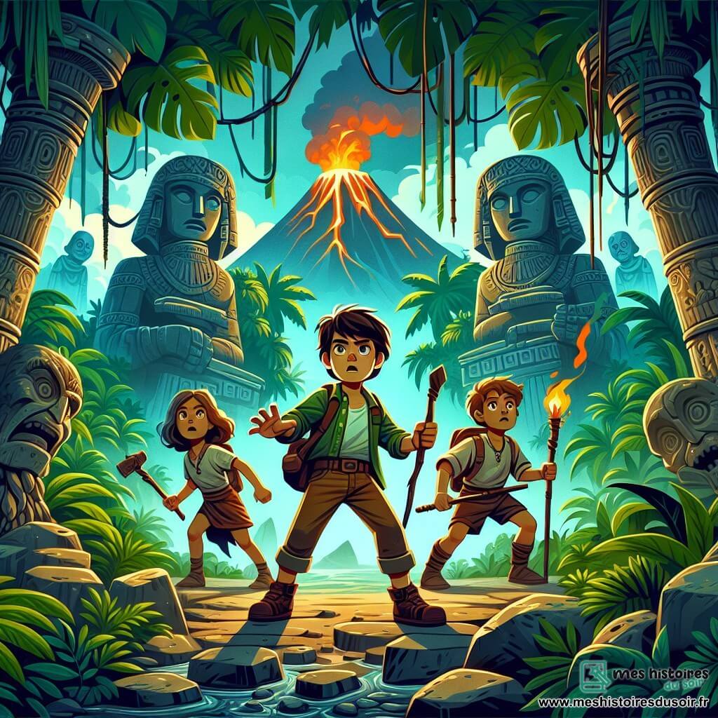 Une illustration destinée aux enfants représentant un petit garçon courageux et intrépide, accompagné de ses amis, faisant face à un volcan grondant au cœur d'une jungle mystérieuse remplie de végétation luxuriante et de statues énigmatiques.