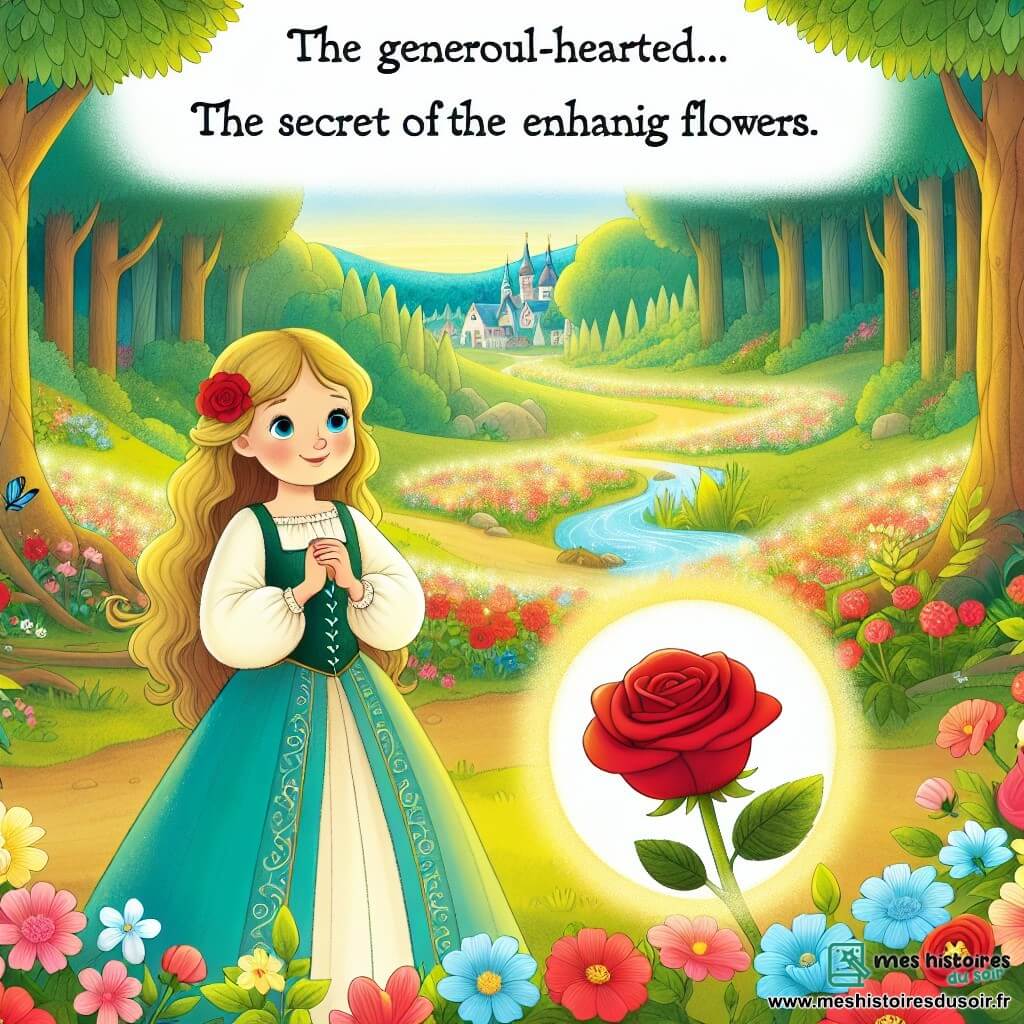 Une illustration destinée aux enfants représentant une jeune femme au cœur généreux se tenant au centre d'un champ de fleurs lumineuses, accompagnée d'une rose rouge qui lui dévoile le secret des fleurs enchantées, dans une forêt magique aux sentiers sinueux, aux ruisseaux scintillants et aux arbres majestueux.