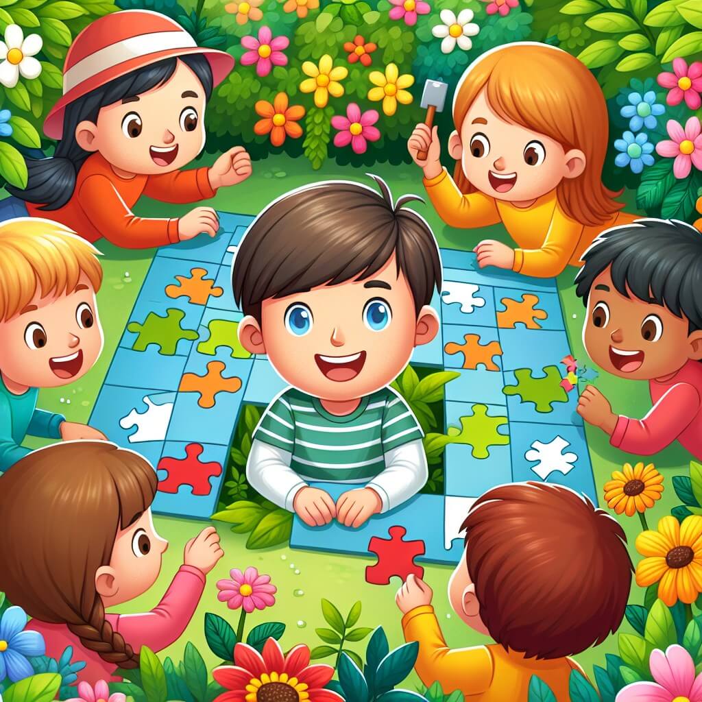 Une illustration destinée aux enfants représentant un jeune garçon, entouré de ses amis, résolvant des énigmes dans un jardin luxuriant, pour célébrer son anniversaire.