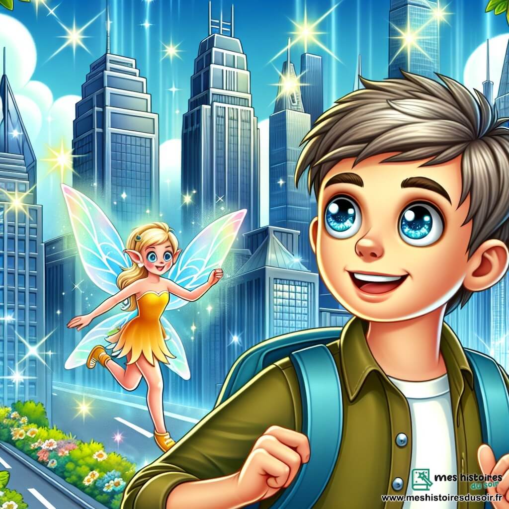Une illustration destinée aux enfants représentant un garçon aux yeux pétillants se lançant dans une quête magique accompagné d'une fée espiègle, dans les rues étincelantes de Néo-City, une métropole aux gratte-ciel de verre et d'acier.