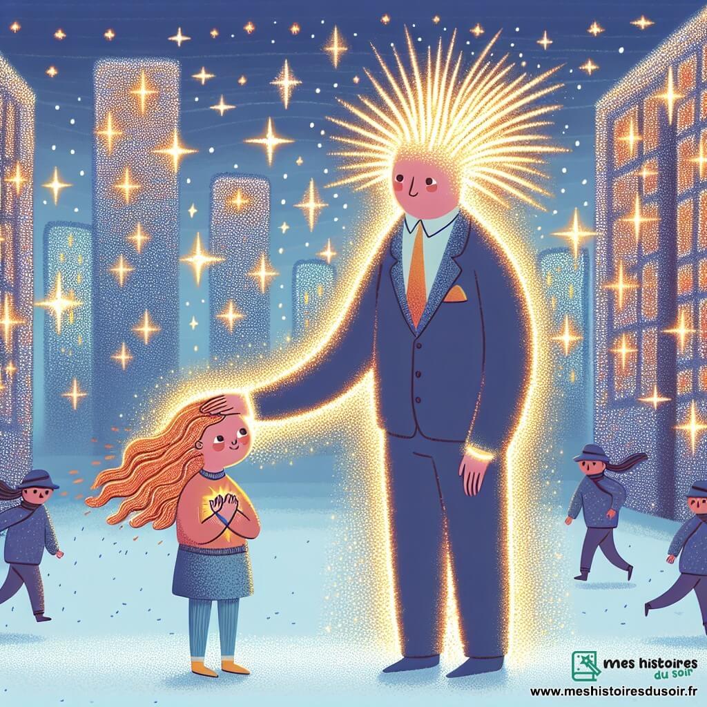 Une illustration destinée aux enfants représentant un homme étincelant aux cheveux faits de fils de soleil, protégeant une petite fille des voyous, dans la Cité Brillante où les bâtiments scintillent de mille feux et les habitants vivent en harmonie.