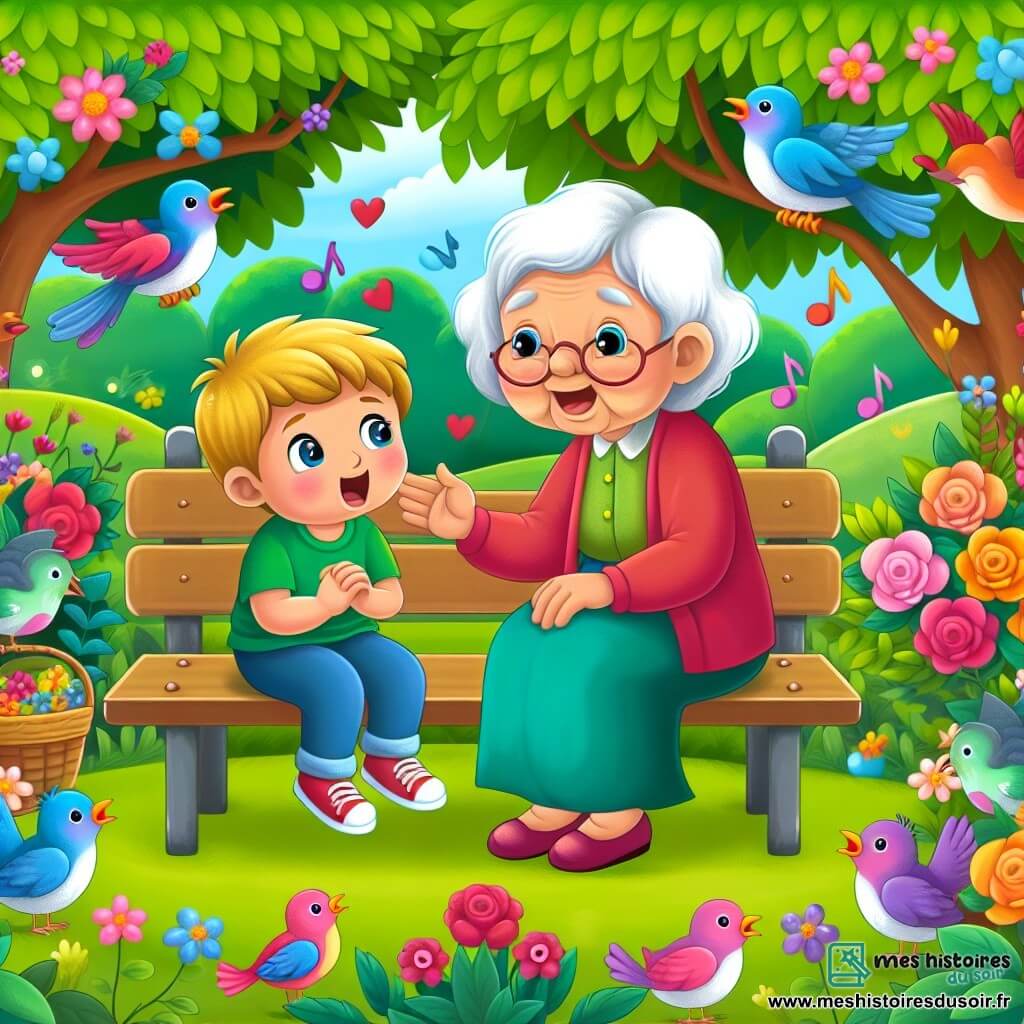 Une illustration destinée aux enfants représentant un petit garçon plein de vie et de curiosité, faisant face à la maladie d'une vieille dame douce et bienveillante, assis sur un banc dans un parc verdoyant, avec des fleurs colorées et des oiseaux chantant joyeusement.