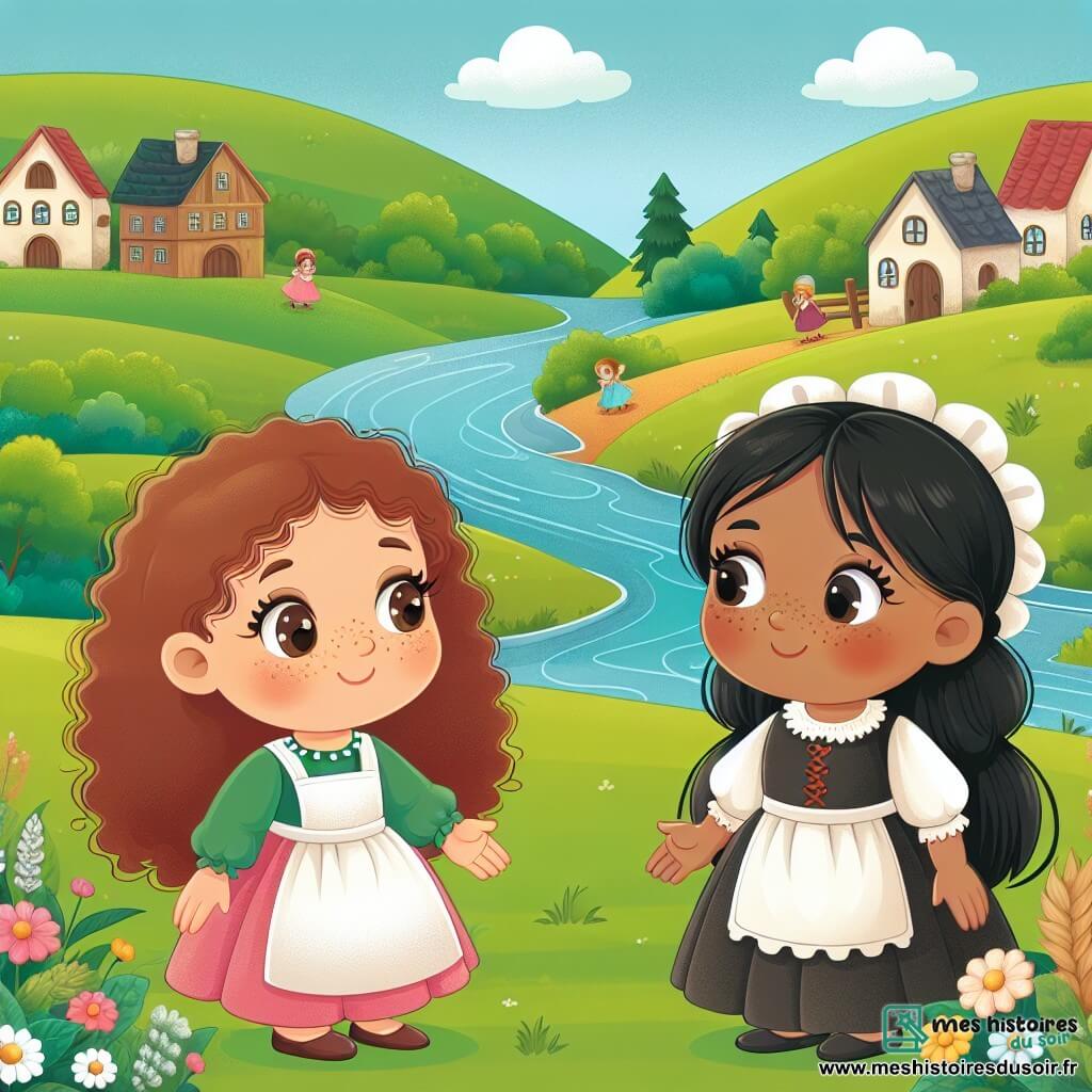 Une illustration destinée aux enfants représentant une fillette aux boucles brunes, une nouvelle rencontre avec une petite fille aux cheveux noirs et taches de rousseur, dans un petit village entouré de champs verdoyants, de collines douces et d'une rivière sinueuse.