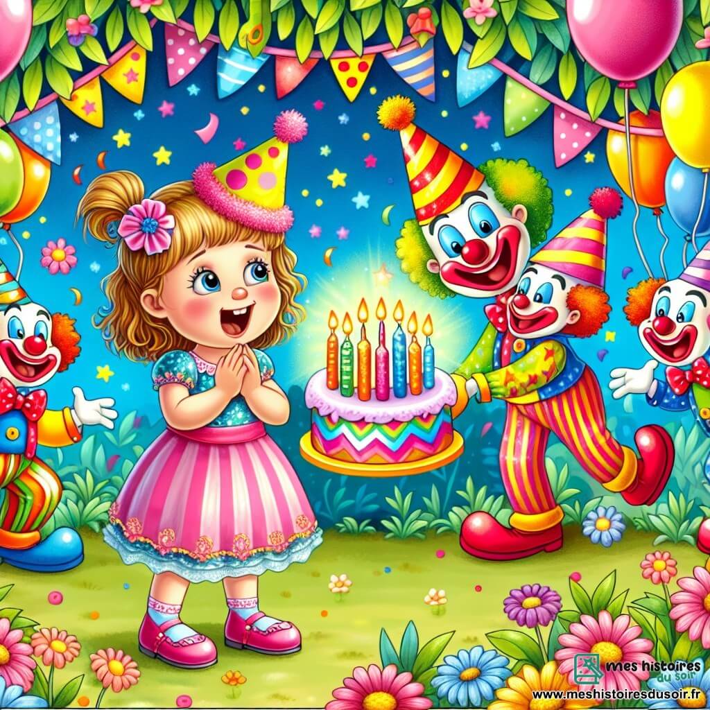 Une illustration destinée aux enfants représentant une petite fille émerveillée par la magie de son anniversaire, entourée de clowns rigolos dans un jardin festif aux couleurs chatoyantes.