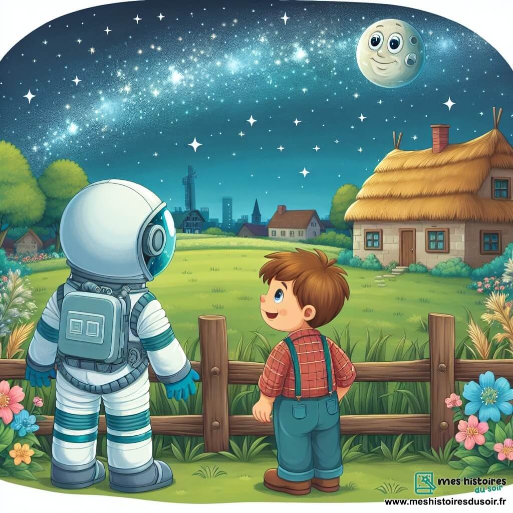 Une illustration destinée aux enfants représentant un jeune garçon rêveur, accompagné d'un astronaute bienveillant, observant ensemble le ciel étoilé depuis un petit village entouré de champs verdoyants et de maisons aux toits de chaume.