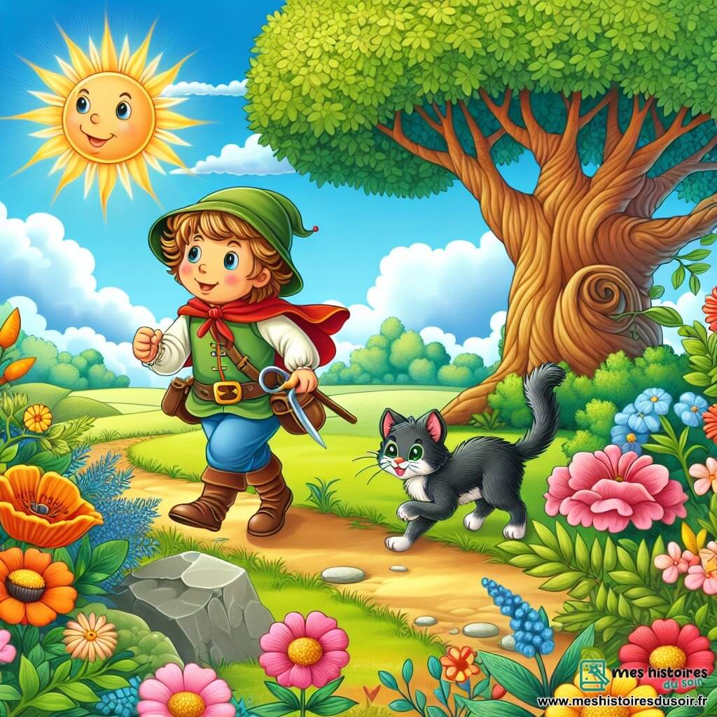 Une illustration destinée aux enfants représentant un petit garçon intrépide se lançant dans la résolution du mystère des chaussettes disparues avec l'aide d'un chaton malicieux, dans un jardin ensoleillé bordé de fleurs colorées et d'un vieux chêne majestueux.