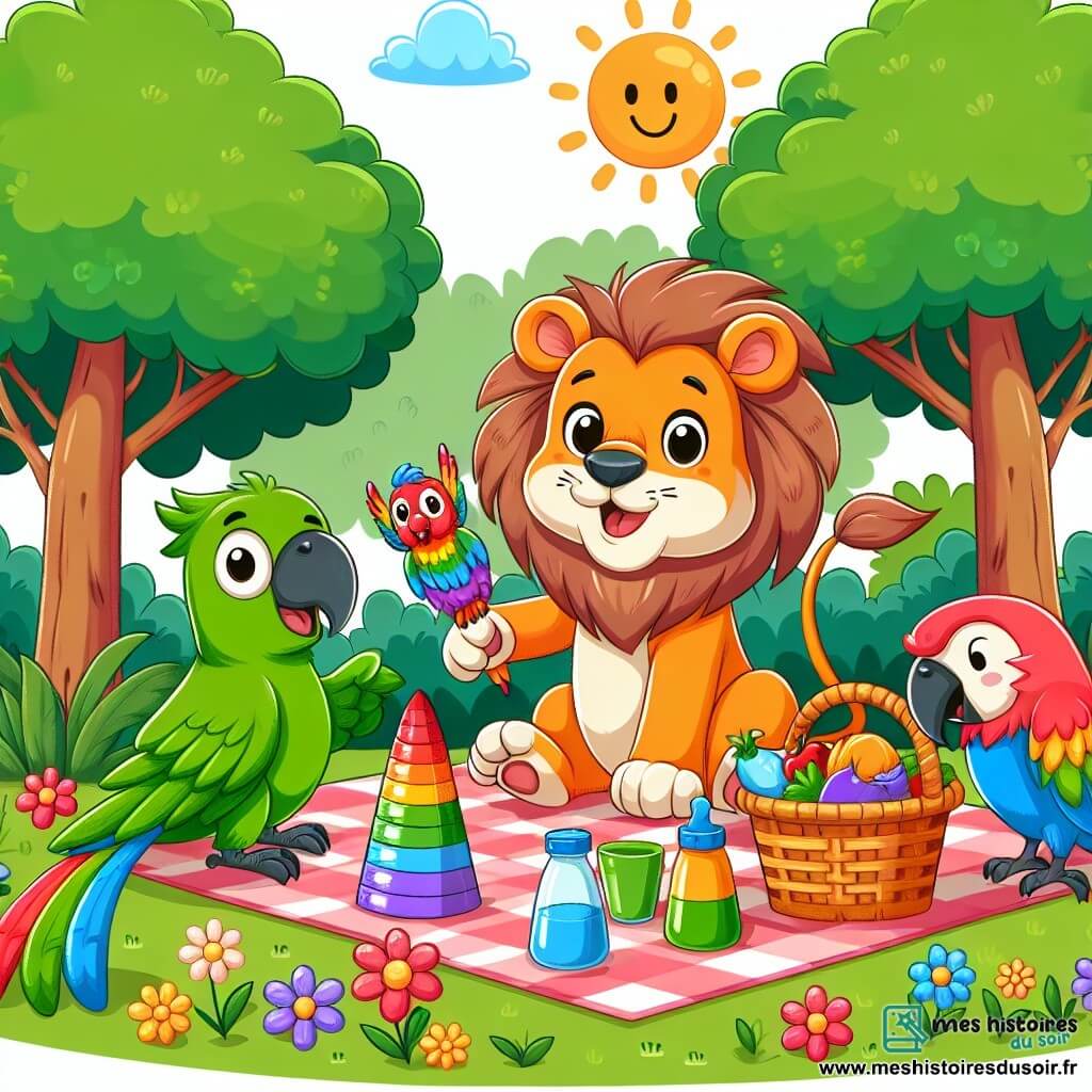 Une illustration destinée aux enfants représentant un lion joueur et maladroit, accompagné d'une perruche bavarde, préparant un pique-nique coloré et chaotique dans une clairière ensoleillée entourée de grands arbres verdoyants et de fleurs multicolores.