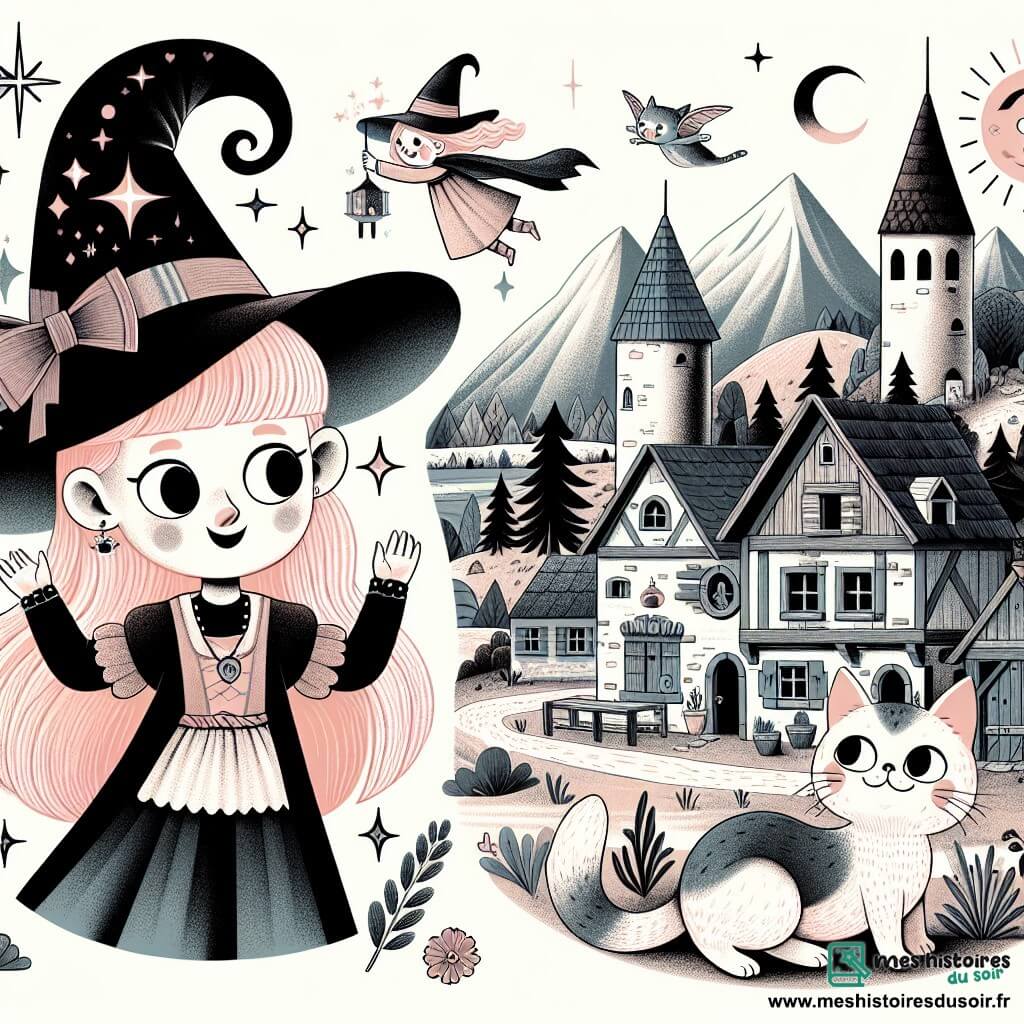 Une illustration destinée aux enfants représentant une jeune sorcière débutante aux cheveux roses et à l'esprit facétieux, accompagnée de son chat bavard, vivant dans un village niché au creux des montagnes, où la magie se mêle à la fantaisie.
