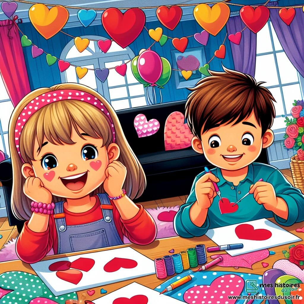 Une illustration destinée aux enfants représentant une petite fille pleine de vie préparant des cartes de la Saint-Valentin pour sa famille, accompagnée de son petit frère, dans un salon décoré de guirlandes de cœurs et de ballons colorés.
