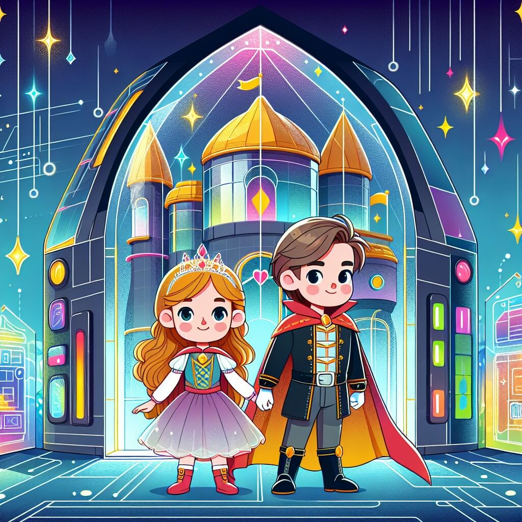 Une illustration destinée aux enfants représentant une jeune fille au cœur vaillant, se tenant devant une maison de verre étincelante, accompagnée d'un prince bienveillant, dans un monde futuriste rempli de technologies avancées et de lumières colorées.