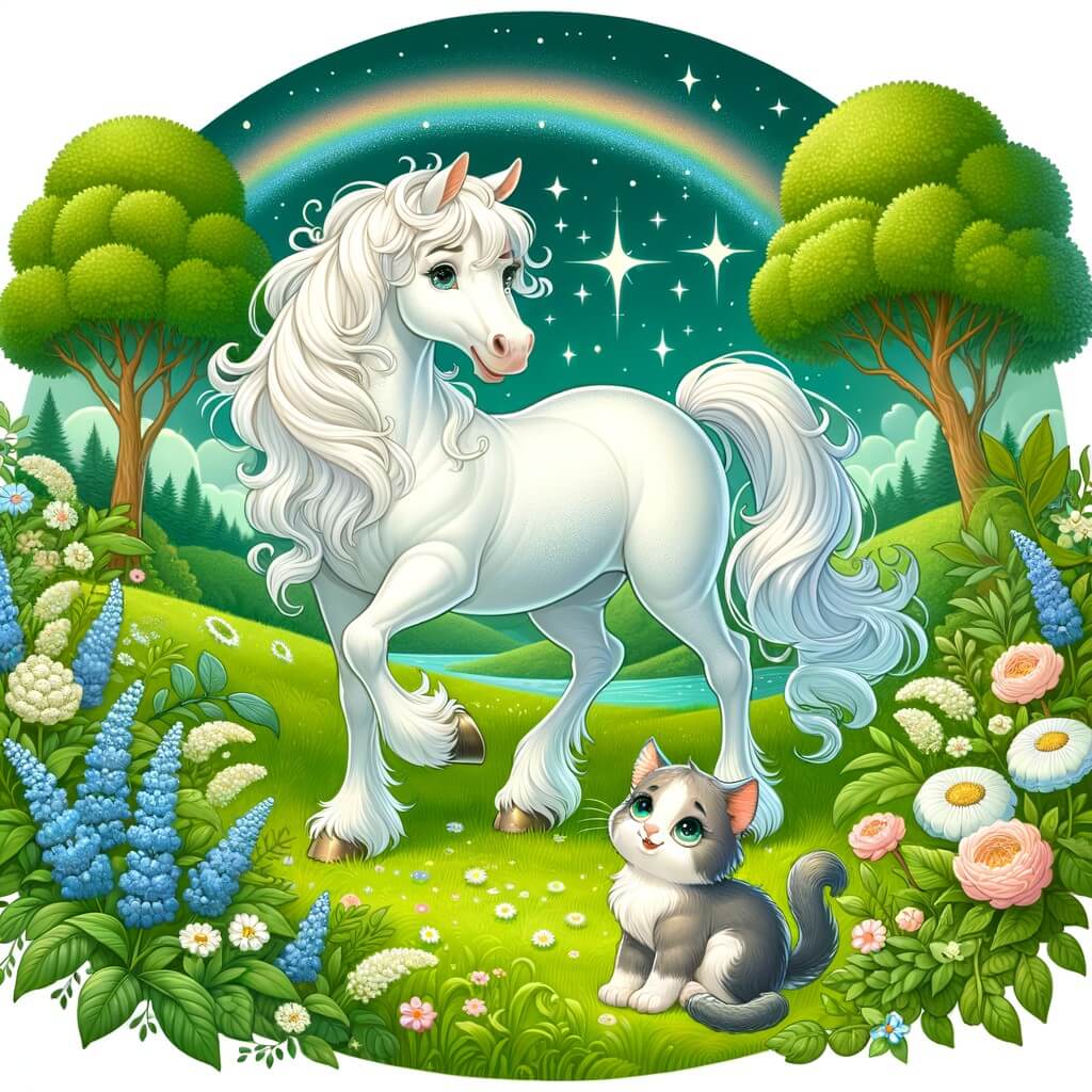 Une illustration destinée aux enfants représentant un magnifique cheval blanc, vivant dans une prairie verdoyante, accompagné d'un petit chaton, dans une histoire pleine d'aventures et d'amitié.
