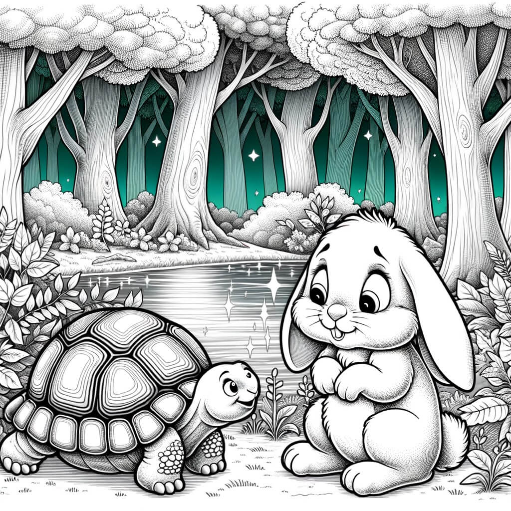 Une illustration destinée aux enfants représentant un petit lapin maladroit se trouvant dans une forêt enchantée, accompagné d'une sage tortue, dans une clairière paisible entourée d'arbres majestueux et d'un étang scintillant.