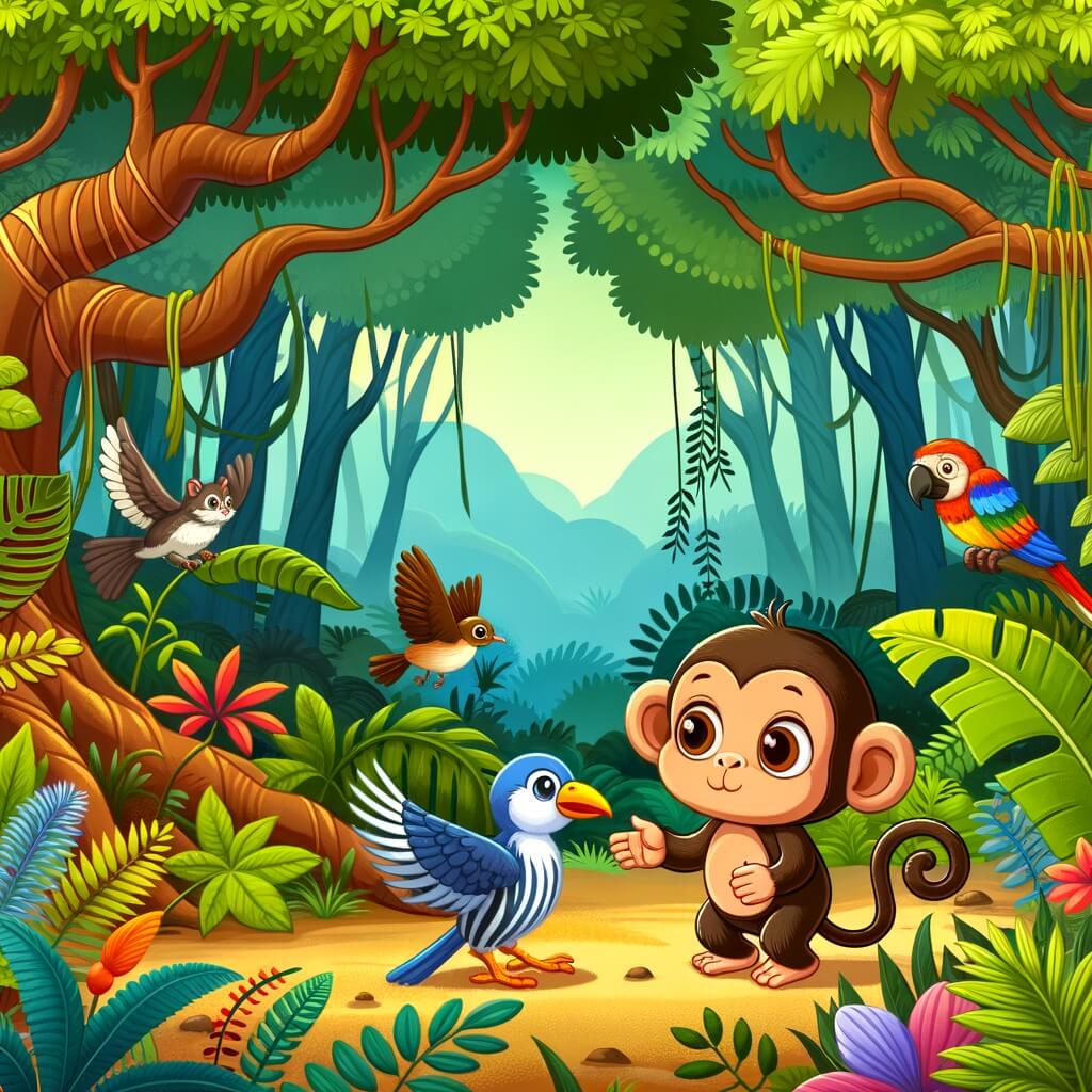 Une illustration destinée aux enfants représentant une petite guenon curieuse et joueuse, qui rencontre un oiseau blessé, dans une jungle luxuriante remplie d'arbres majestueux, de feuilles colorées et d'animaux exotiques.