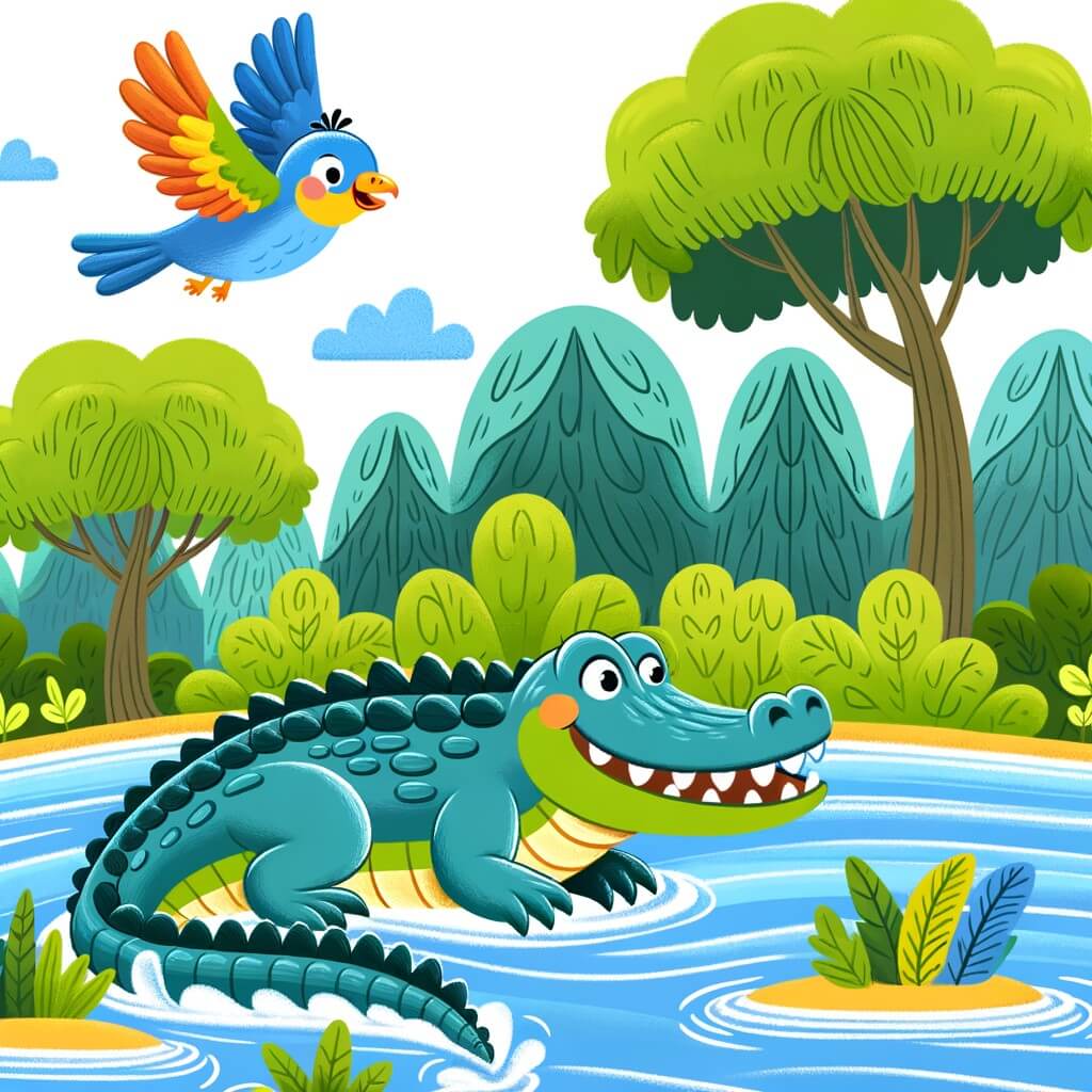 Une illustration pour enfants représentant un crocodile différent des autres, qui aime la compagnie des animaux de la rivière, dans une grande rivière paisible.