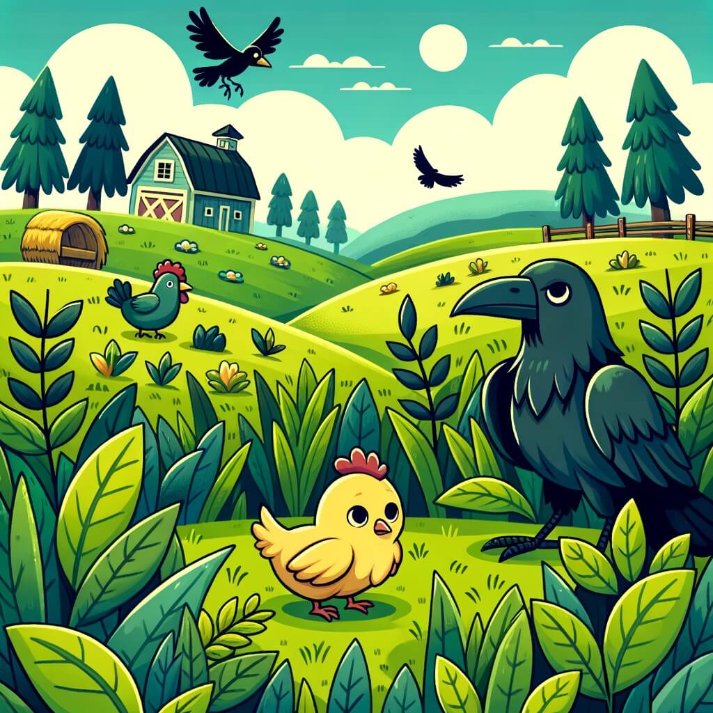 Une illustration destinée aux enfants représentant une petite poule courageuse, perdue dans de vastes champs verdoyants, accompagnée d'un corbeau bienveillant, dans une ferme entourée de collines ondulantes et d'arbres majestueux.