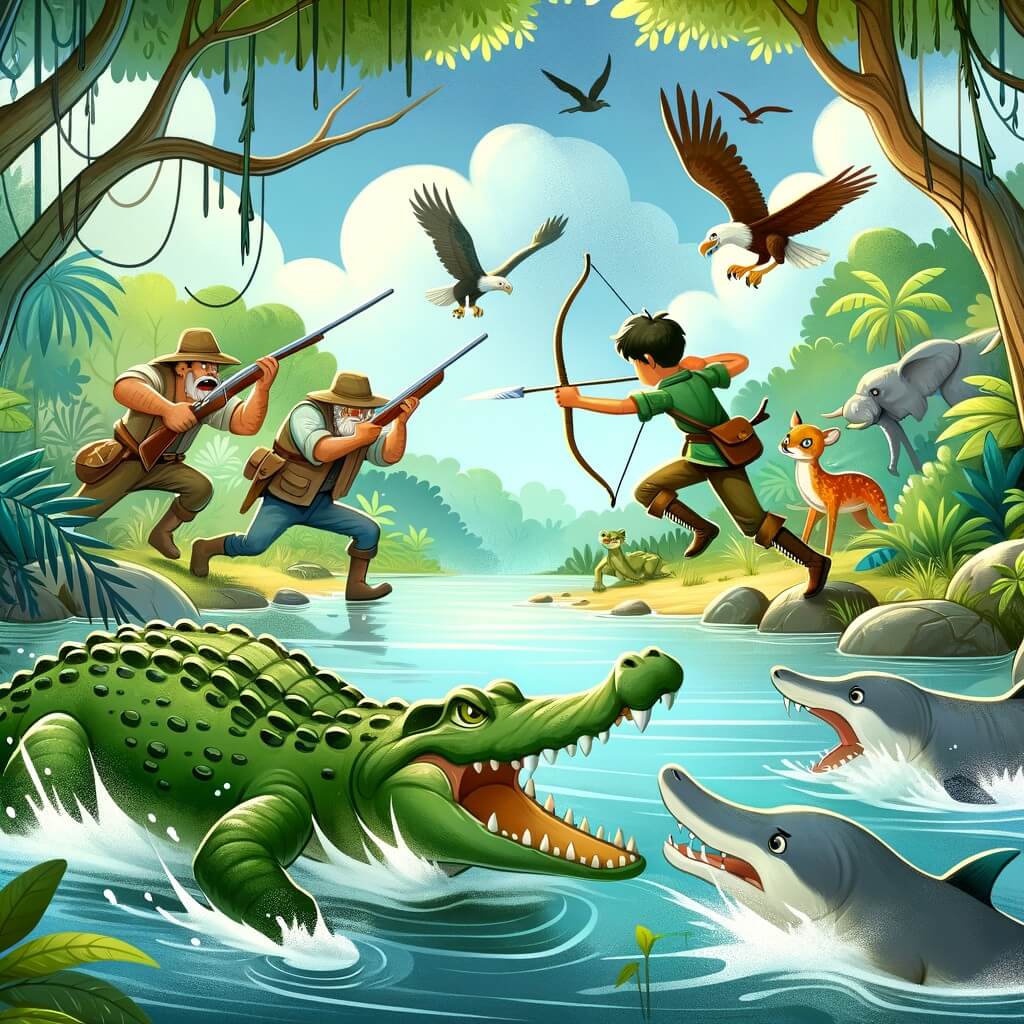 Une illustration pour enfants représentant un crocodile intrépide se battant contre des chasseurs pour protéger ses amis animaux dans une rivière enchantée entourée de végétation luxuriante.