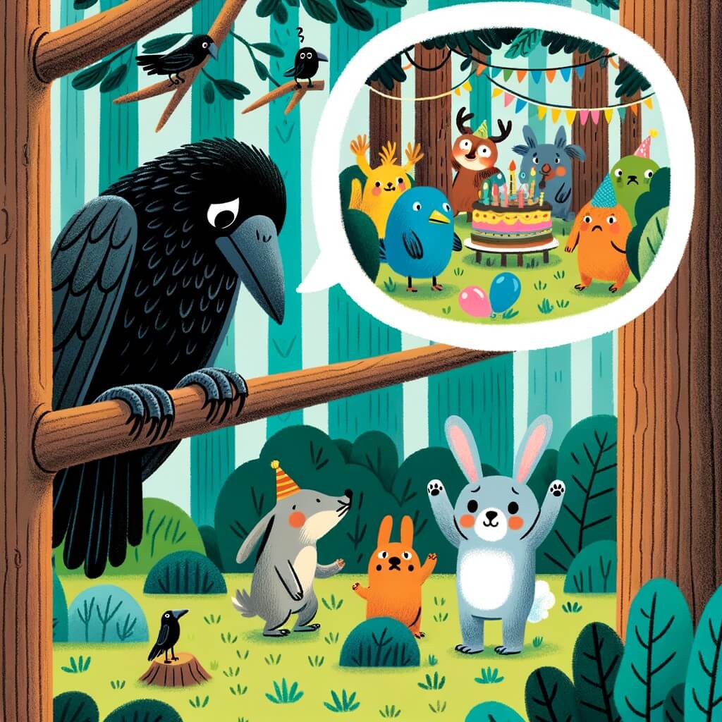 Une illustration destinée aux enfants représentant un corbeau solitaire, perché sur une branche d'arbre dans une forêt dense, observant avec tristesse les autres animaux s'amuser lors d'une fête animée, avec un petit lapin nommé Pompon qui l'invite à se joindre à eux.