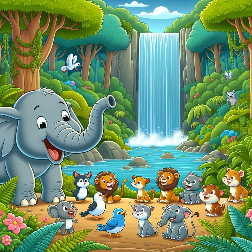Une illustration destinée aux enfants représentant un éléphant bavard et curieux, accompagné d'une joyeuse troupe d'animaux, découvrant une magnifique cascade dans une jungle luxuriante et dense.