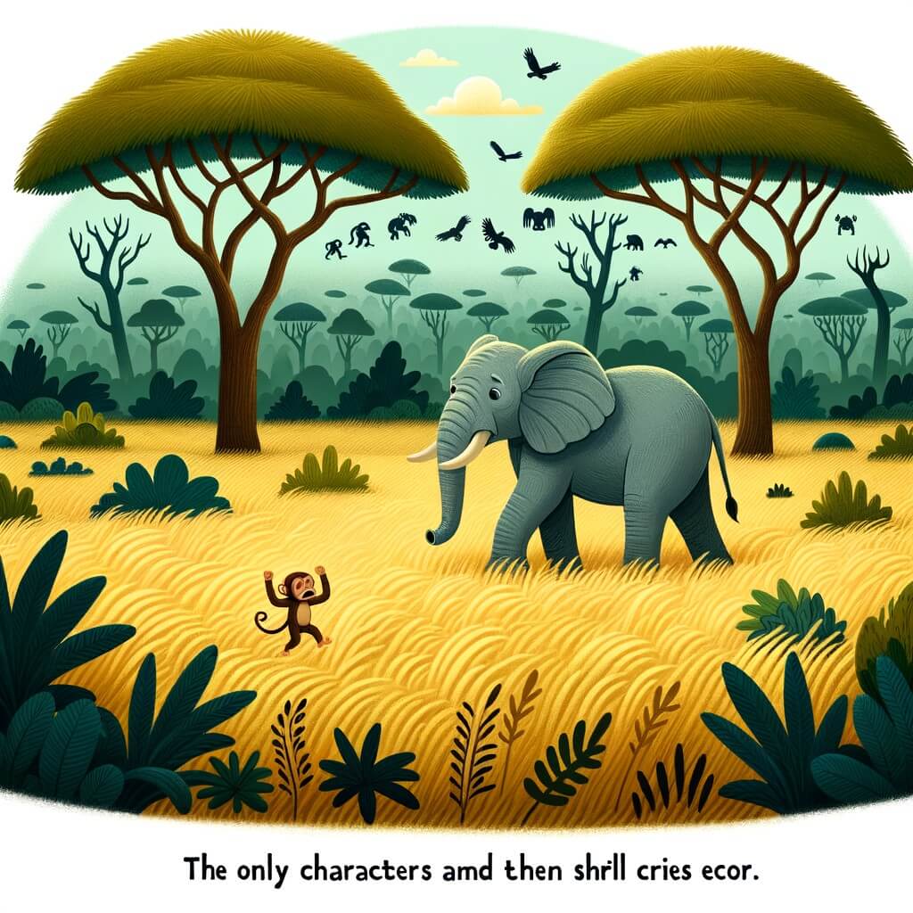 Une illustration destinée aux enfants représentant un majestueux éléphant gris, se tenant au milieu d'une vaste savane parsemée de hautes herbes dorées, accompagné d'un petit singe perdu, dans l'ombre d'une forêt dense où résonnent des cris stridents.