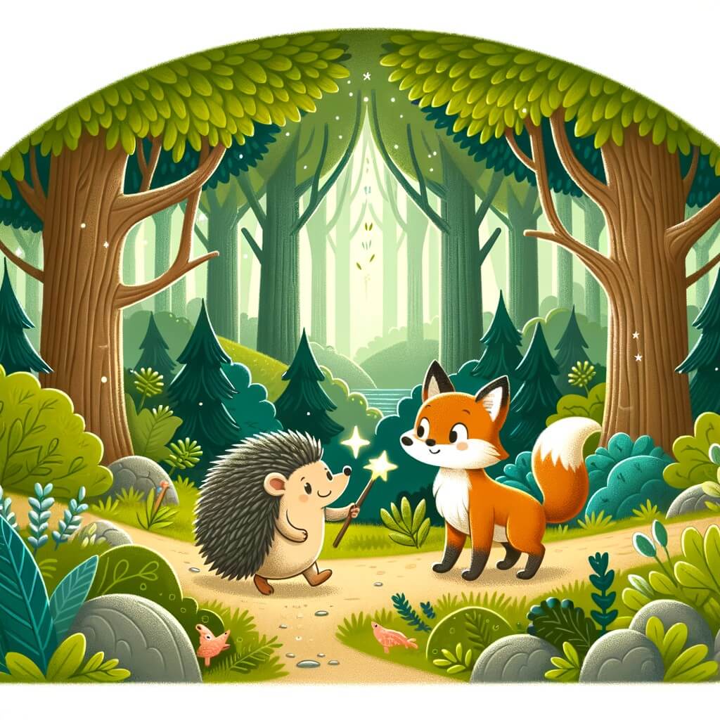 Une illustration destinée aux enfants représentant un adorable hérisson curieux et intrépide, accompagné d'un rusé renard, explorant une clairière enchantée au milieu d'une forêt dense et verdoyante.