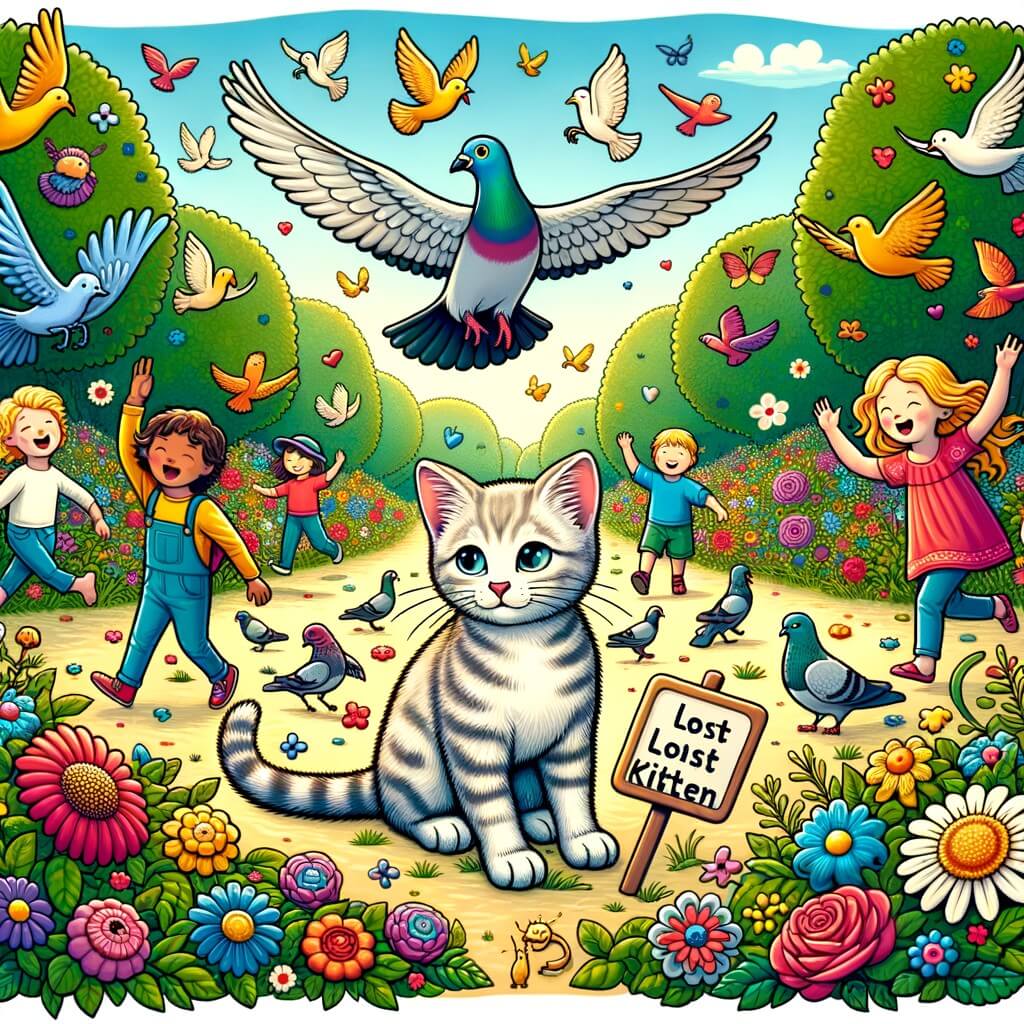 Une illustration destinée aux enfants représentant un adorable chaton perdu, accompagné d'un pigeon protecteur, explorant un magnifique parc rempli d'enfants rieurs, d'oiseaux virevoltants et de fleurs aux couleurs éclatantes.
