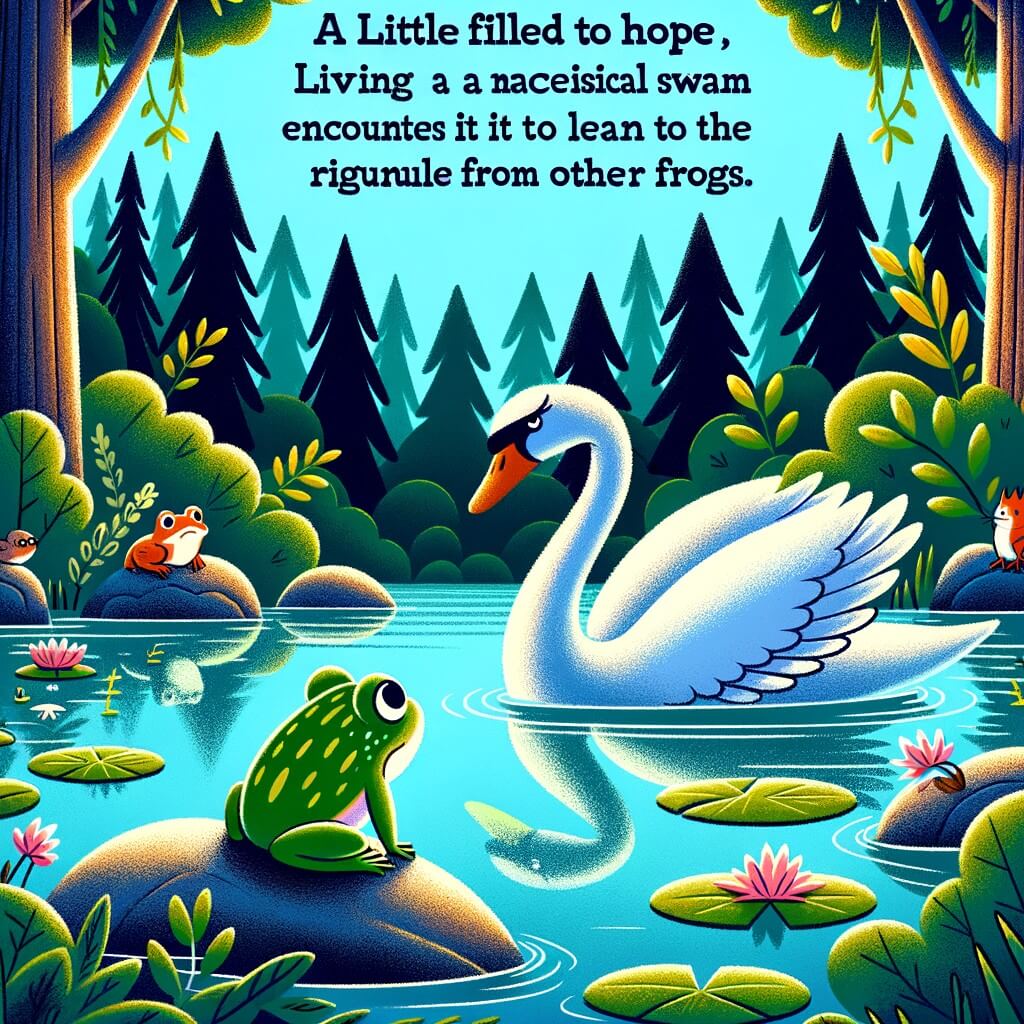 Une illustration pour enfants représentant une petite grenouille triste qui vit dans un lac paisible entouré d'une forêt dense et verdoyante.