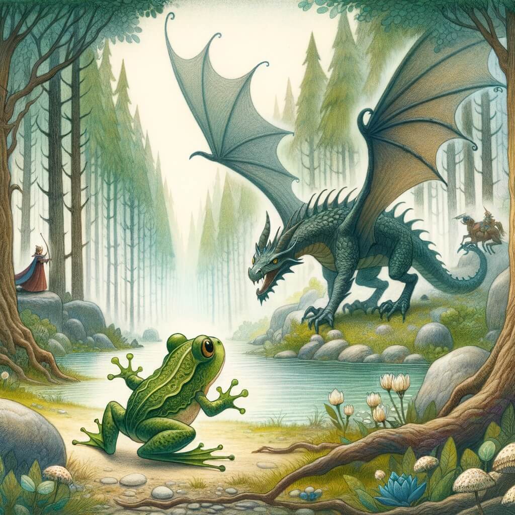 Une illustration pour enfants représentant une petite grenouille curieuse qui part à l'aventure dans une forêt mystérieuse où se trouve un grand lac gardé par un dragon redoutable.
