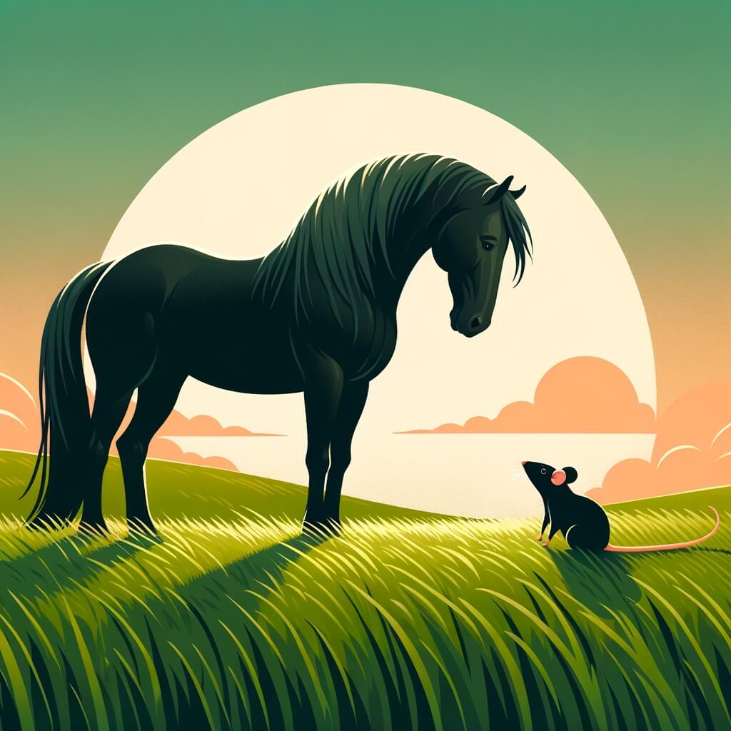 Une illustration destinée aux enfants représentant un majestueux cheval noir, solitaire dans une vaste prairie verdoyante, faisant la rencontre d'une petite souris perdue, dans un paysage baigné par la douce lumière du soleil couchant.