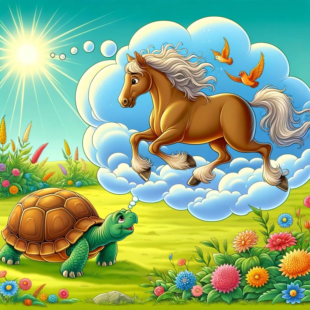 Une illustration destinée aux enfants représentant un magnifique cheval au pelage doré, rêvant de courir aussi vite que le vent, accompagné d'une sage tortue, dans une prairie verdoyante bordée de fleurs colorées et baignée par un doux rayon de soleil.