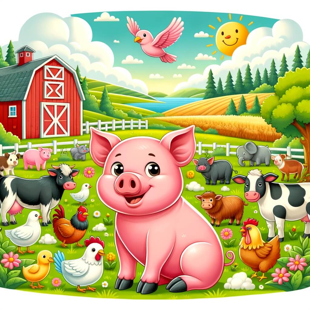Une illustration destinée aux enfants représentant un joyeux cochon rose, entouré d'autres animaux de la ferme, dans un magnifique paysage champêtre avec une grange rouge et des champs verdoyants.
