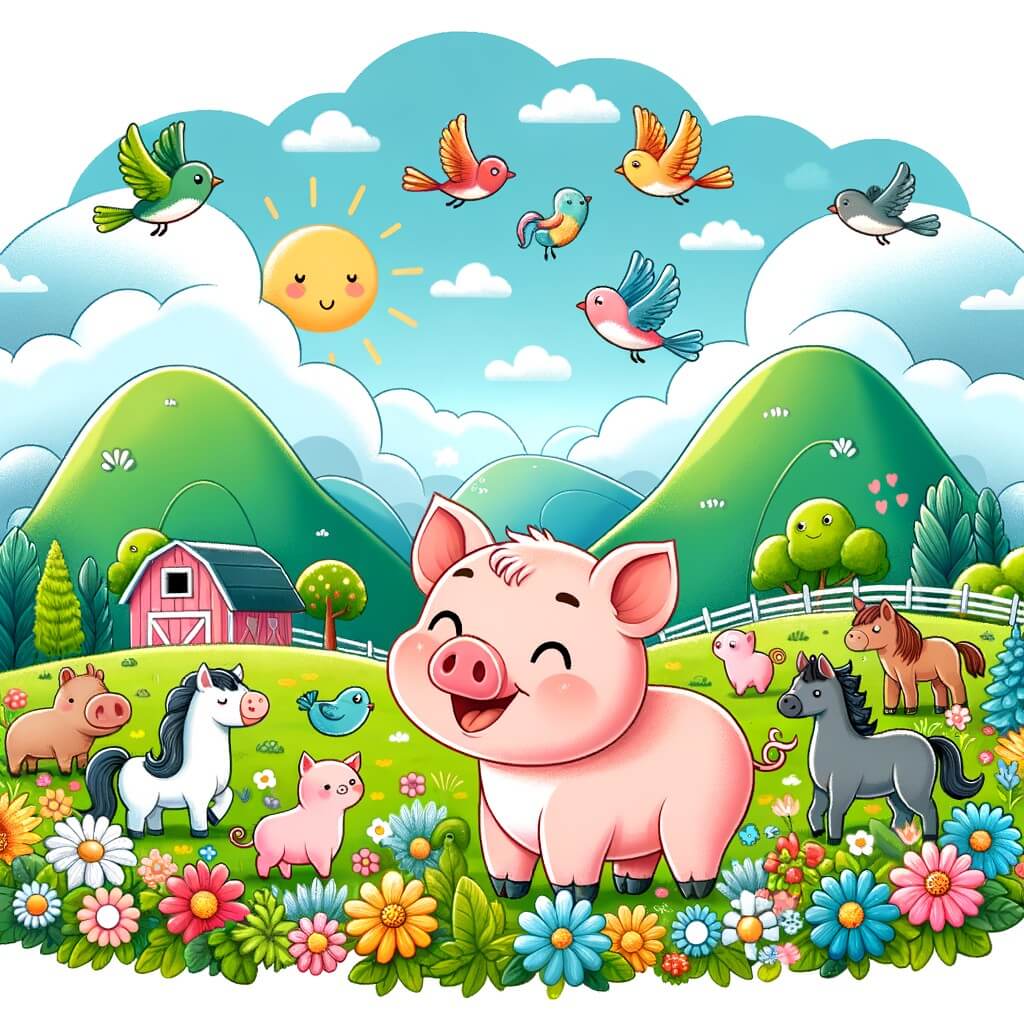 Une illustration destinée aux enfants représentant un joyeux cochon rêveur, entouré de ses amis animaux, dans une ferme colorée et fleurie, où les montagnes verdoyantes se fondent avec le ciel bleu, rempli d'oiseaux qui voltigent gracieusement.
