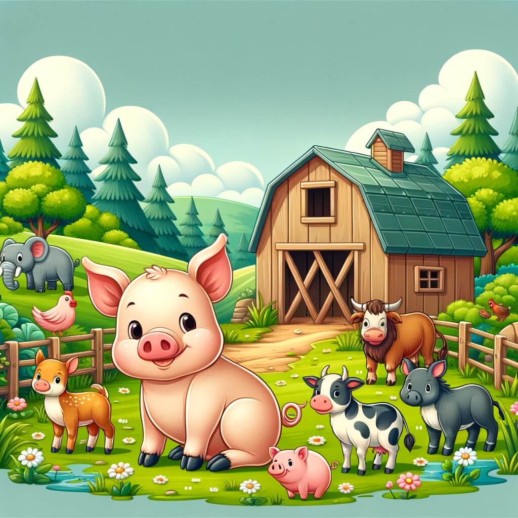 Une illustration destinée aux enfants représentant un adorable petit cochon malin, se trouvant dans une ferme paisible, accompagné de ses amis animaux, dans un décor verdoyant, avec une grange en bois et une forêt luxuriante en arrière-plan.