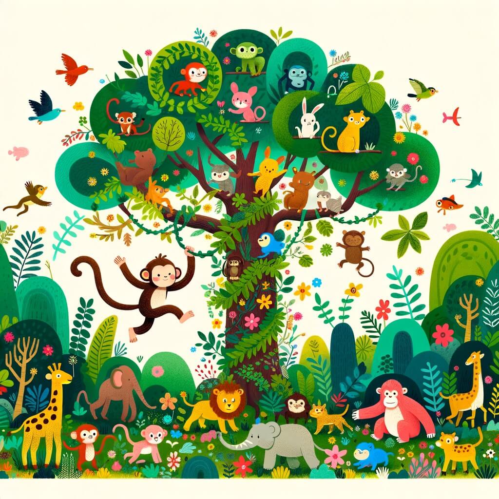 Une illustration destinée aux enfants représentant un espiègle singe dans une forêt luxuriante, accompagné d'une multitude d'animaux, évoluant au milieu de grands arbres touffus, de lianes colorées et de fleurs éclatantes.