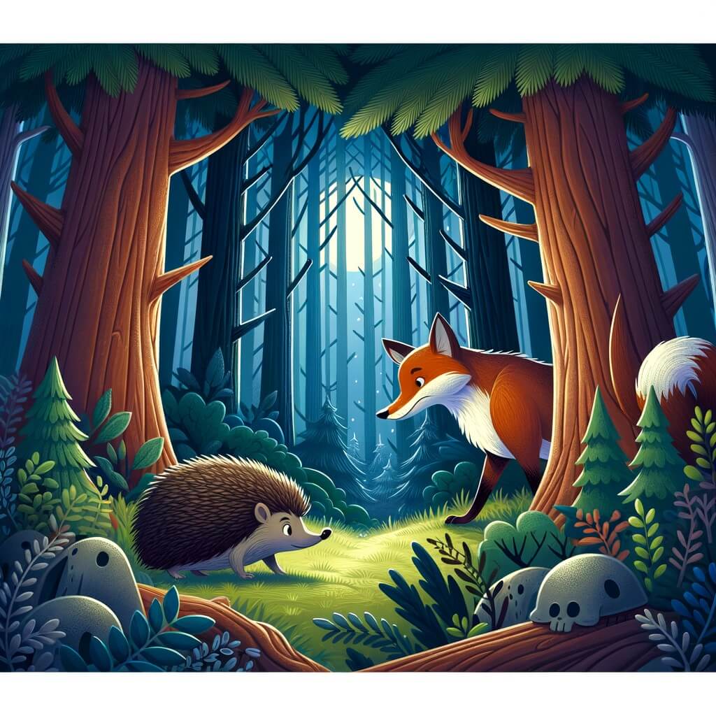 Une illustration destinée aux enfants représentant un hérisson courageux et curieux, se retrouvant piégé par un renard rusé, dans une forêt dense et sombre, remplie de grands arbres majestueux et de buissons touffus.