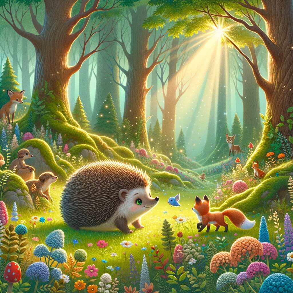 Une illustration destinée aux enfants représentant un hérisson solitaire, cherchant des amis dans une forêt dense et profonde, accompagné d'un renardeau, dans une clairière enchantée remplie de fleurs colorées et d'arbres majestueux.