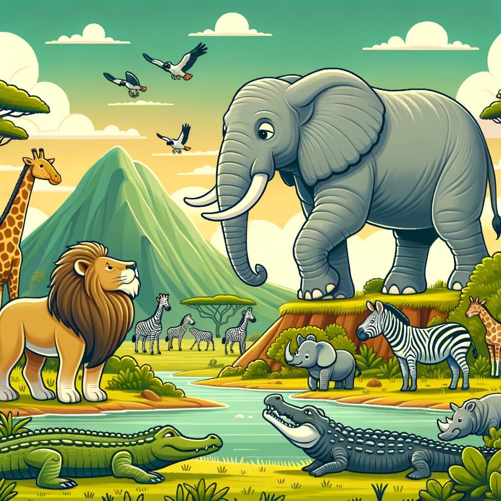 Une illustration destinée aux enfants représentant un majestueux éléphant traversant une savane luxuriante et faisant la rencontre d'un lion arrogant, tandis que des girafes, des zèbres, des rhinocéros et des crocodiles observent attentivement depuis les montagnes qui entourent cet incroyable paysage.
