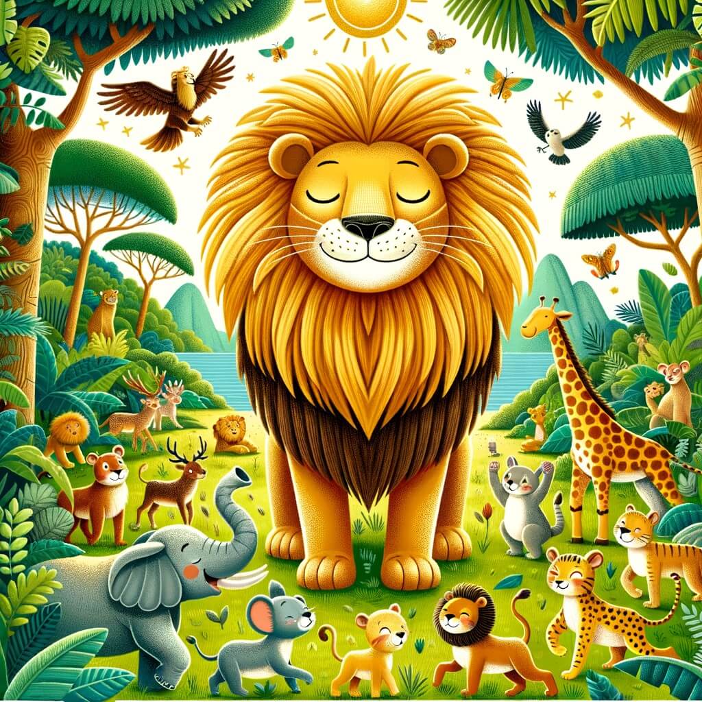 Une illustration destinée aux enfants représentant un majestueux roi de la savane, avec sa crinière dorée scintillant sous le soleil, se tenant fièrement au milieu d'une luxuriante forêt tropicale, accompagné de ses amis animaux, tous réunis pour protéger leur foyer des chasseurs.