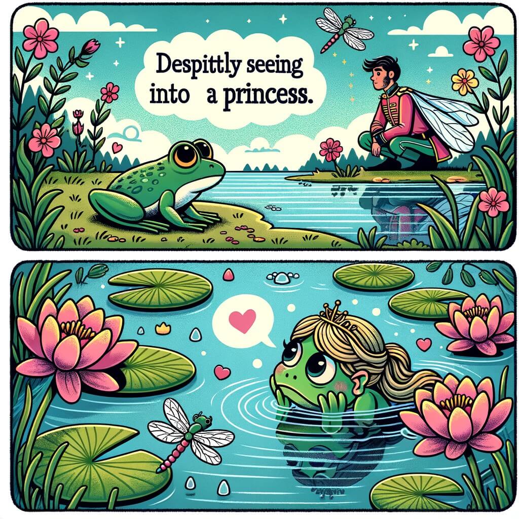 Une illustration pour enfants représentant une grenouille solitaire et rêveuse, vivant dans une mare paisible, qui tombe amoureuse d'un prince qu'elle aperçoit dans les bois.