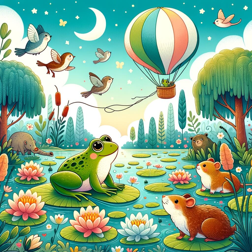 Une illustration destinée aux enfants représentant une petite grenouille curieuse qui rêve de voler dans le ciel, accompagnée de ses amis animaux, explorant un marais enchanteur avec des roseaux ondulant doucement et des nénuphars aux couleurs vives.