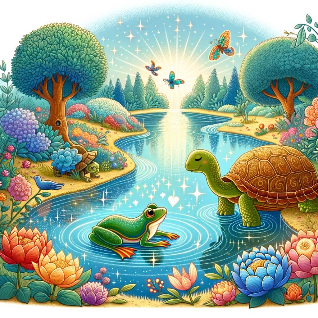Une illustration destinée aux enfants représentant une charmante grenouille solitaire vivant dans un étang enchanteur, qui fait la rencontre d'une tortue bienveillante et part avec elle à la découverte d'un monde merveilleux au-delà d'une rivière scintillante bordée de fleurs multicolores.