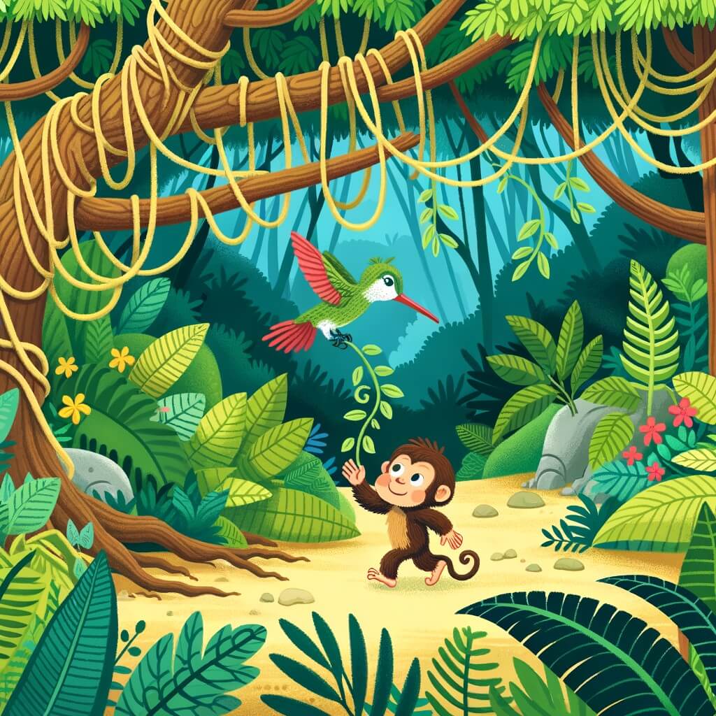 Une illustration pour enfants représentant une petite boule de poils curieuse et espiègle, se perdant dans la jungle dense et luxuriante.