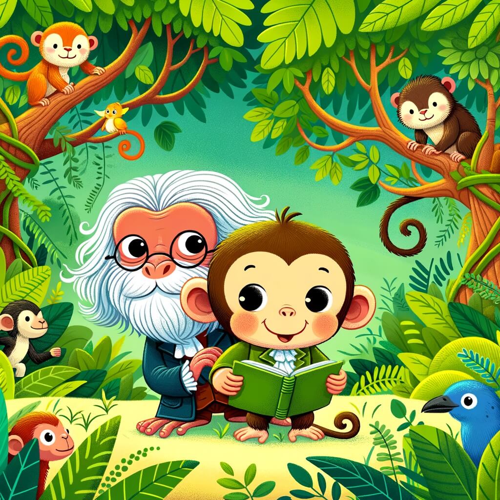 Une illustration destinée aux enfants représentant un singe facétieux et curieux, accompagné d'un singe savant, dans une jungle luxuriante où les arbres s'entremêlent et les animaux exotiques se cachent parmi les feuilles vertes éclatantes.