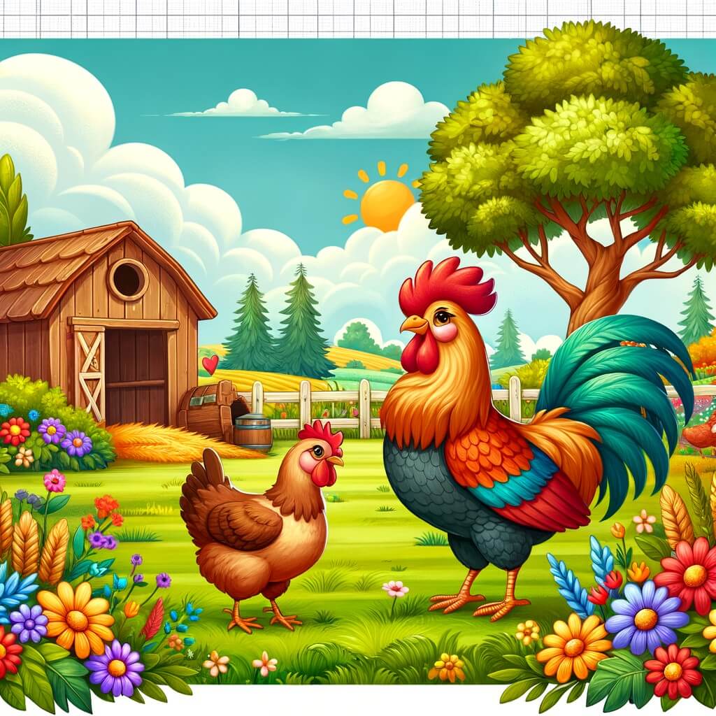 Une illustration destinée aux enfants représentant une jolie poule courageuse se tenant fièrement au milieu d'une ferme colorée, accompagnée d'un coq majestueux, dans un décor champêtre avec des arbres verdoyants, des fleurs colorées et un poulailler en bois.