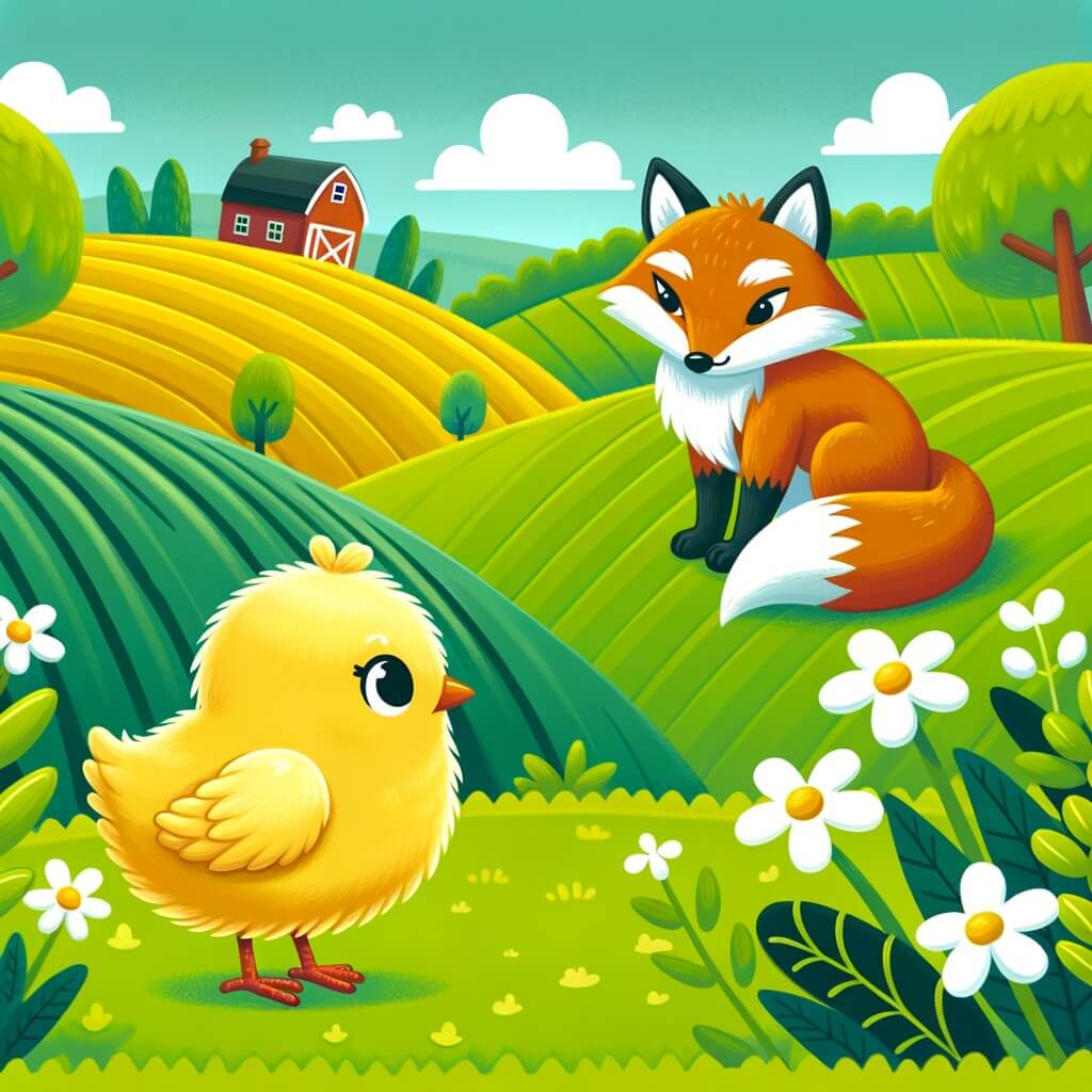 Une illustration destinée aux enfants représentant une petite poule jaune et duveteuse qui fait face à un renard rusé dans une ferme pittoresque entourée de champs verdoyants et de collines ondulantes.