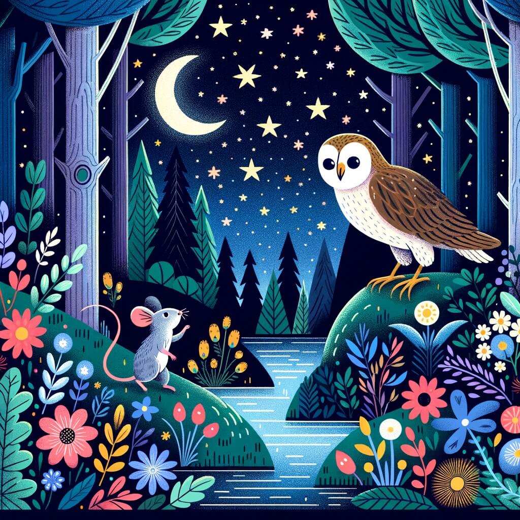 Une illustration destinée aux enfants représentant une petite souris perdue dans une sombre forêt, accompagnée d'une sage chouette, près d'une rivière scintillante, entourée de fleurs colorées et sous un ciel étoilé.