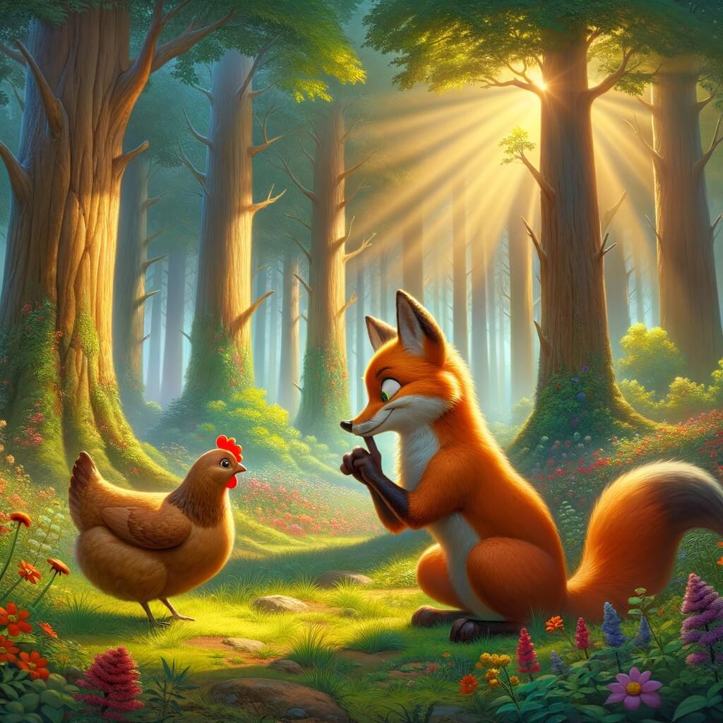 Une illustration destinée aux enfants représentant un renard rusé et malin, qui concocte un plan pour capturer une poule dodue dans une clairière ensoleillée de la forêt enchantée, entourée de grands arbres majestueux et de fleurs colorées.